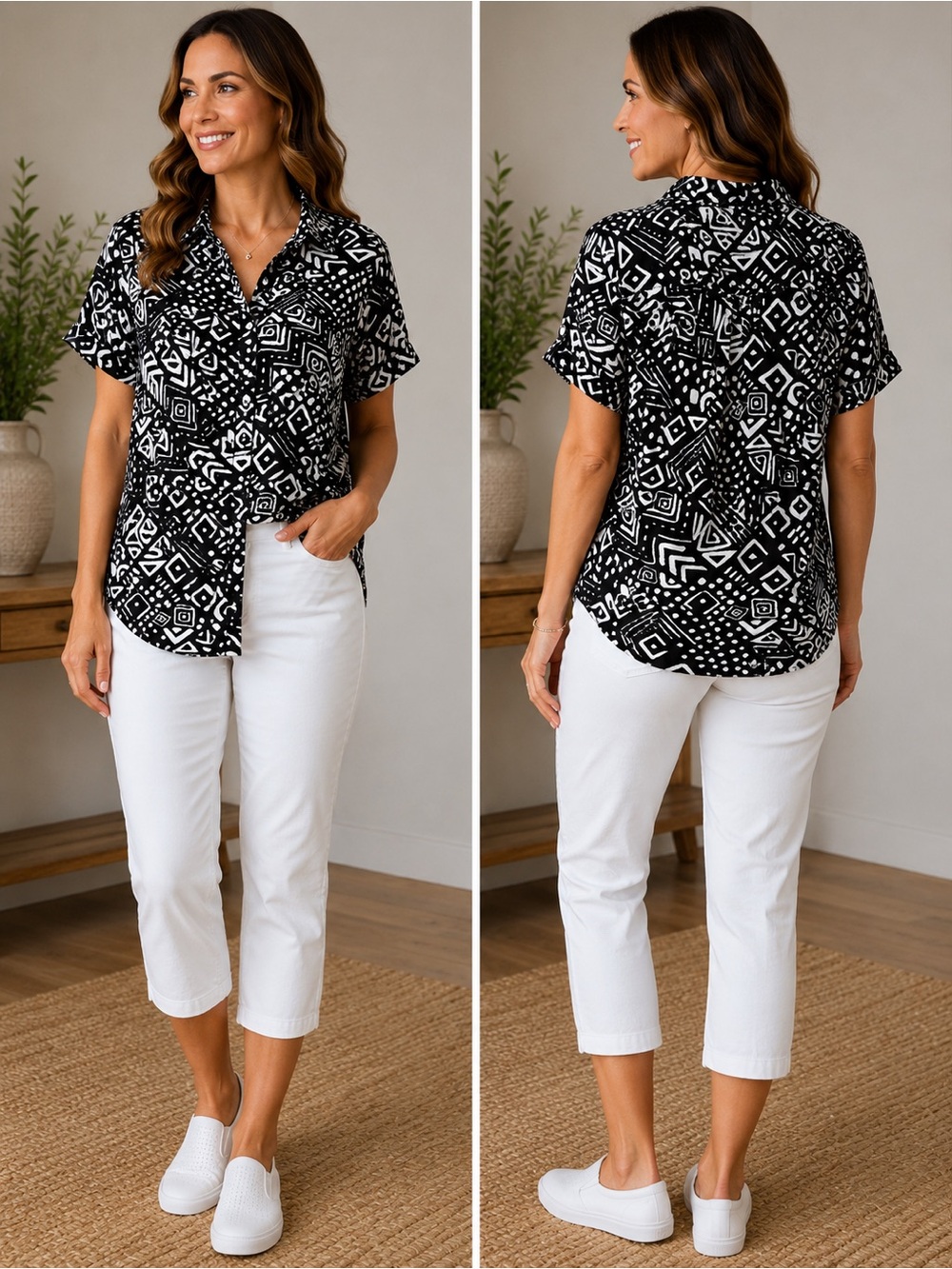 Black & White Geo Print Button-Up Top